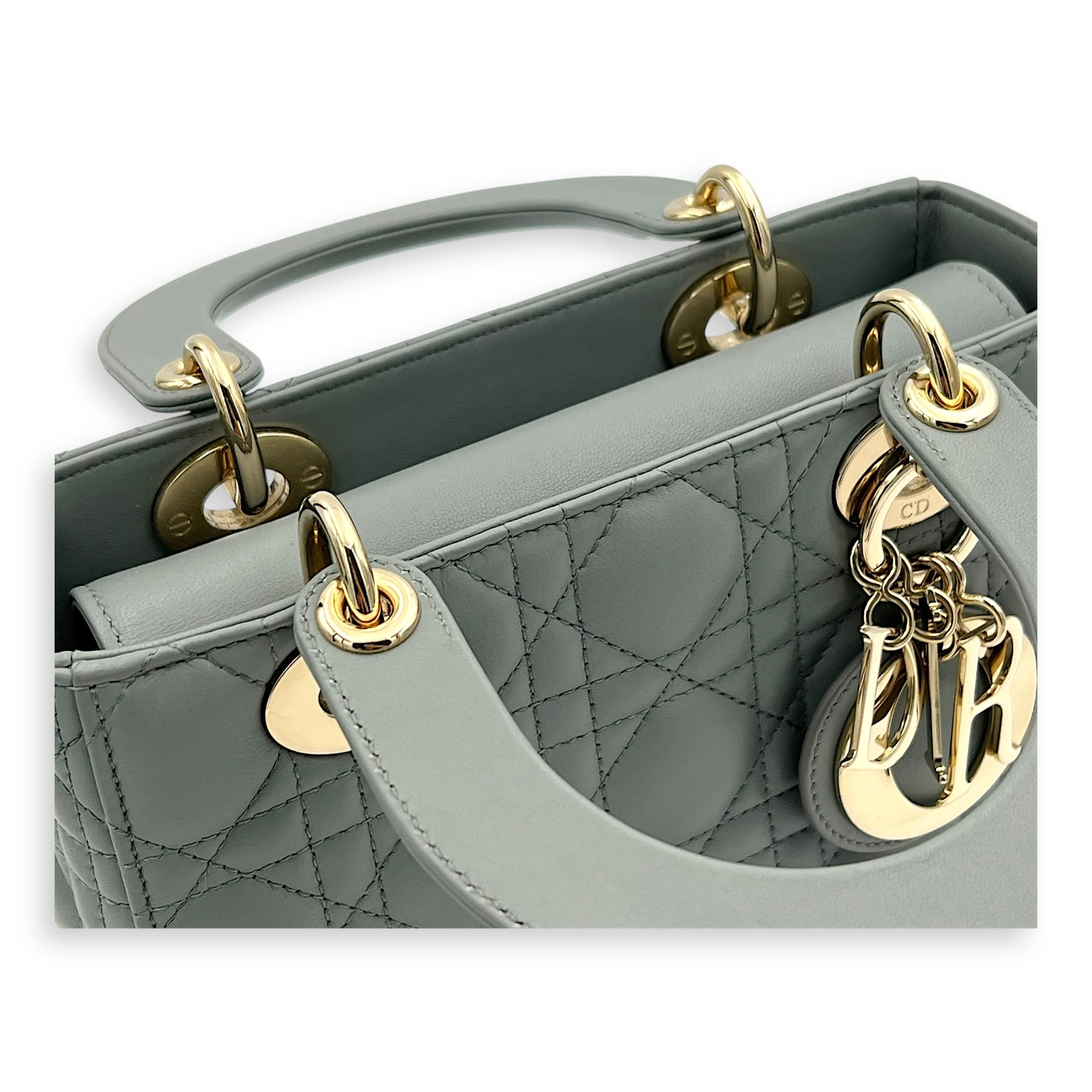 Dior Lady Dior Top Handle Bag Small Green in Lambskin, Gold hardware_8