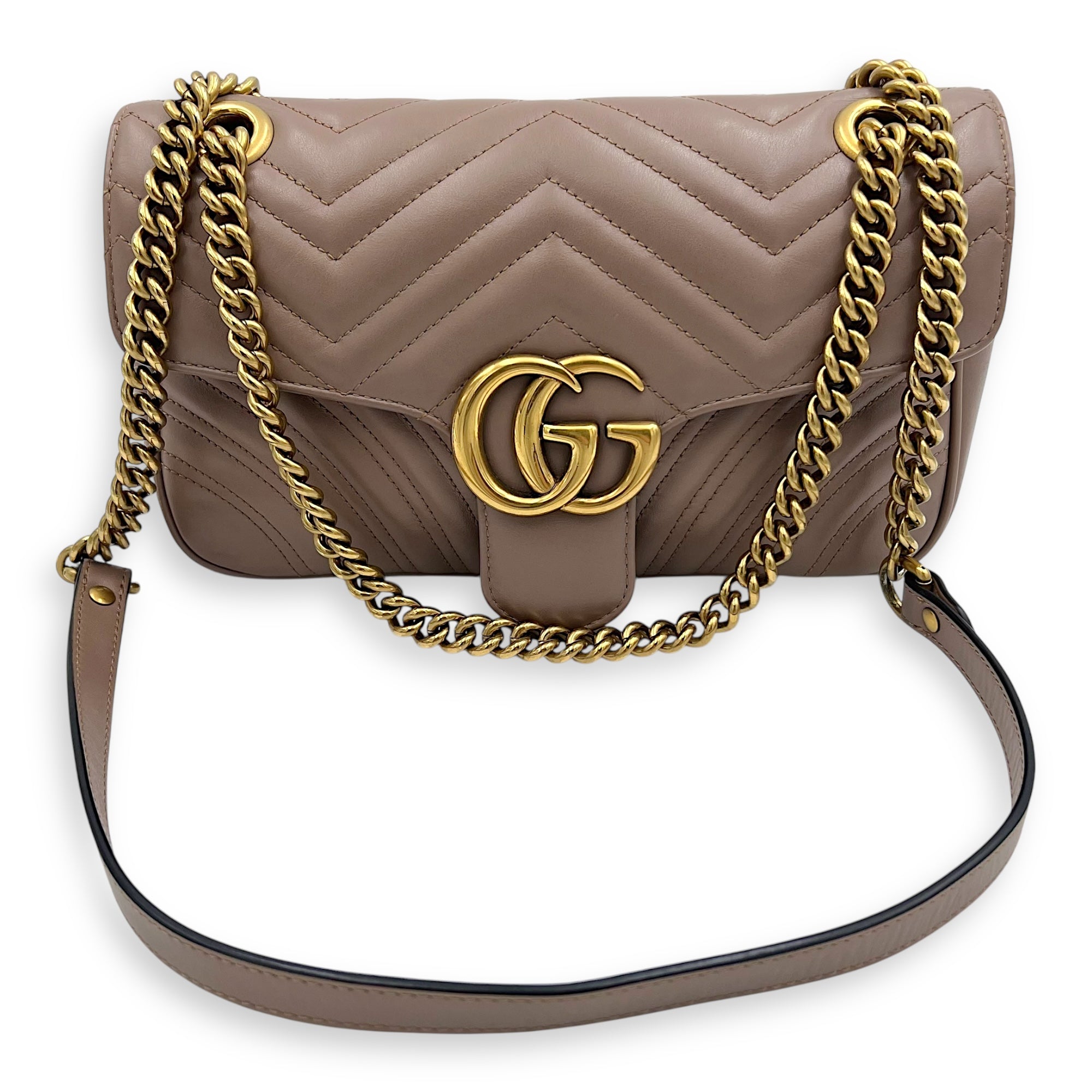 Gucci GG Marmont Shoulder Bag Beige in Calfskin, Gold hardware_6