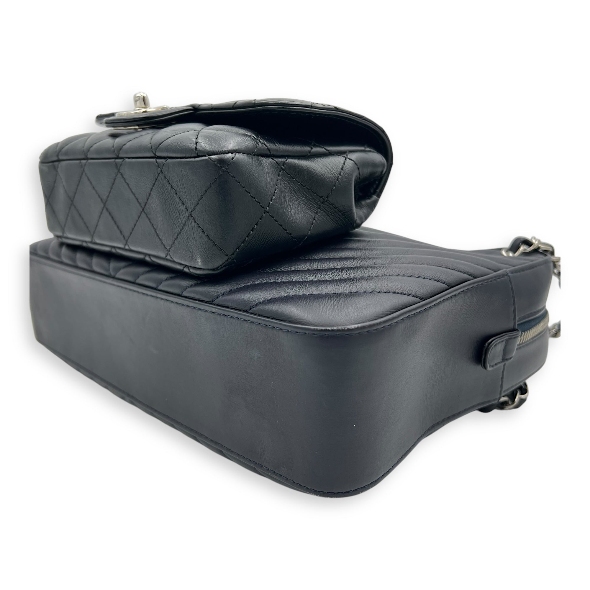 Chanel Paris Hamburg Double Camera Bag With Flap Navy & Black Shoulder Bag in Calfskin, Silver hardware_8