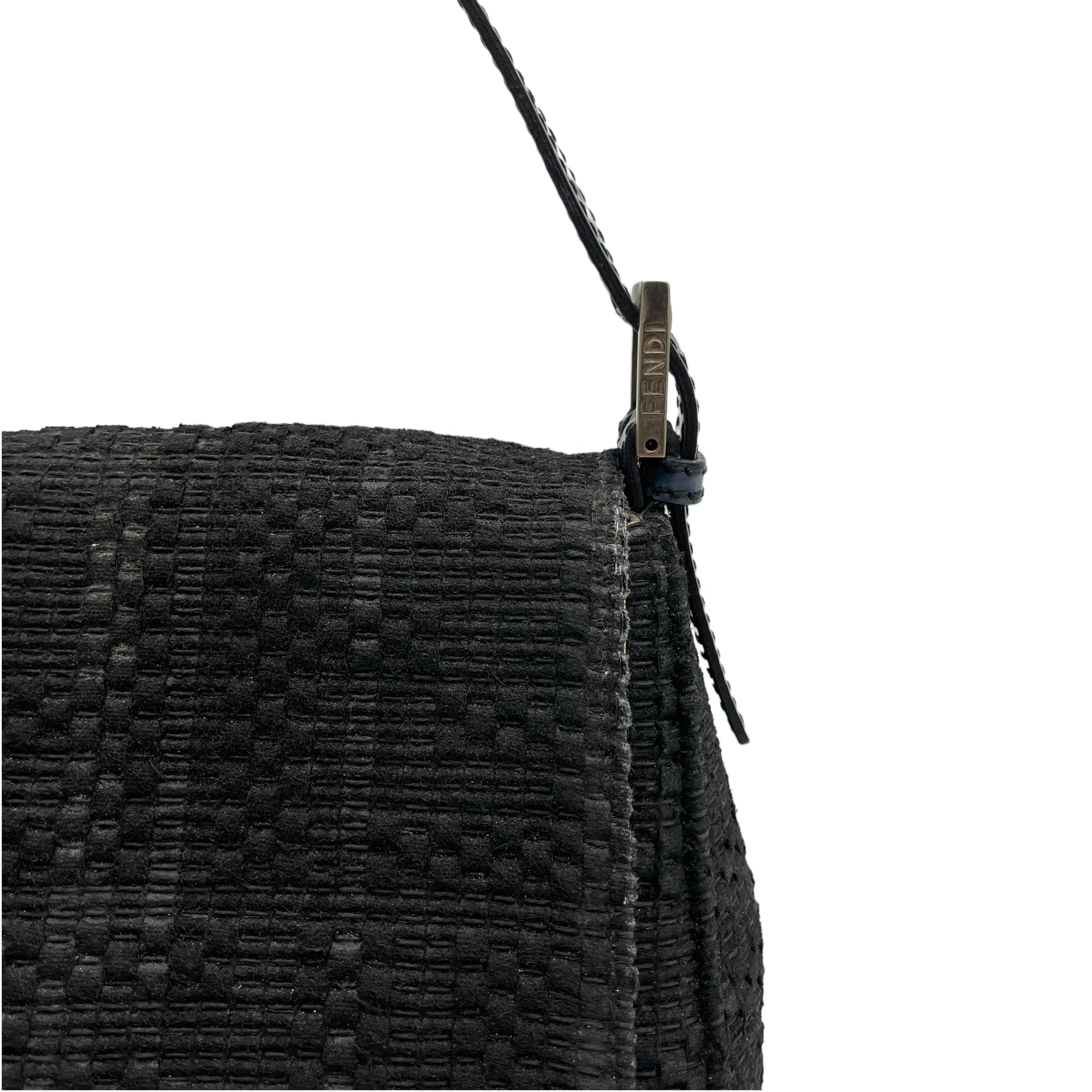 Mamma Baguette Black Shoulder Bag in Canvas, Silver hardware