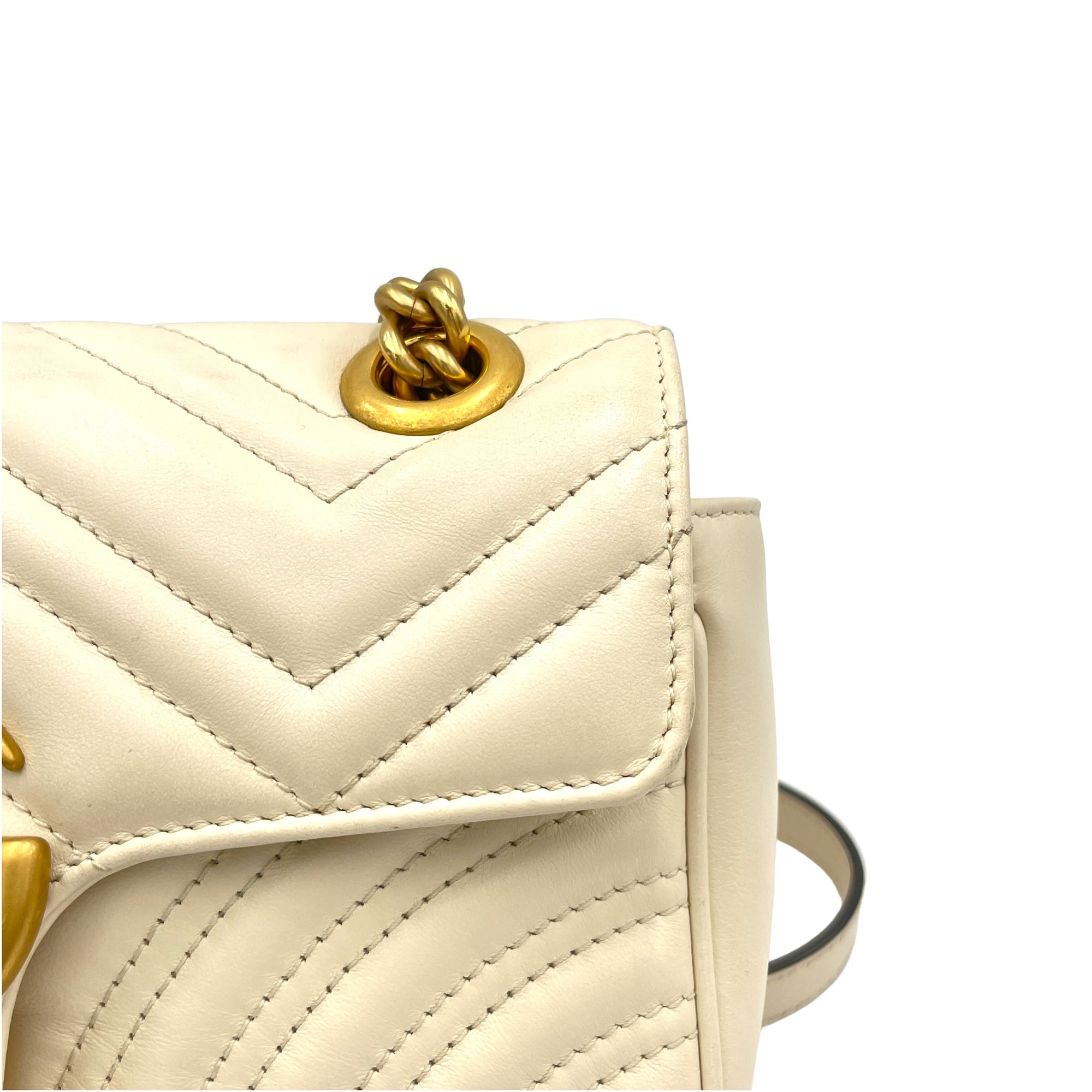 GG Marmont Mini White Shoulder Bag in Calfskin, Brushed Gold hardware