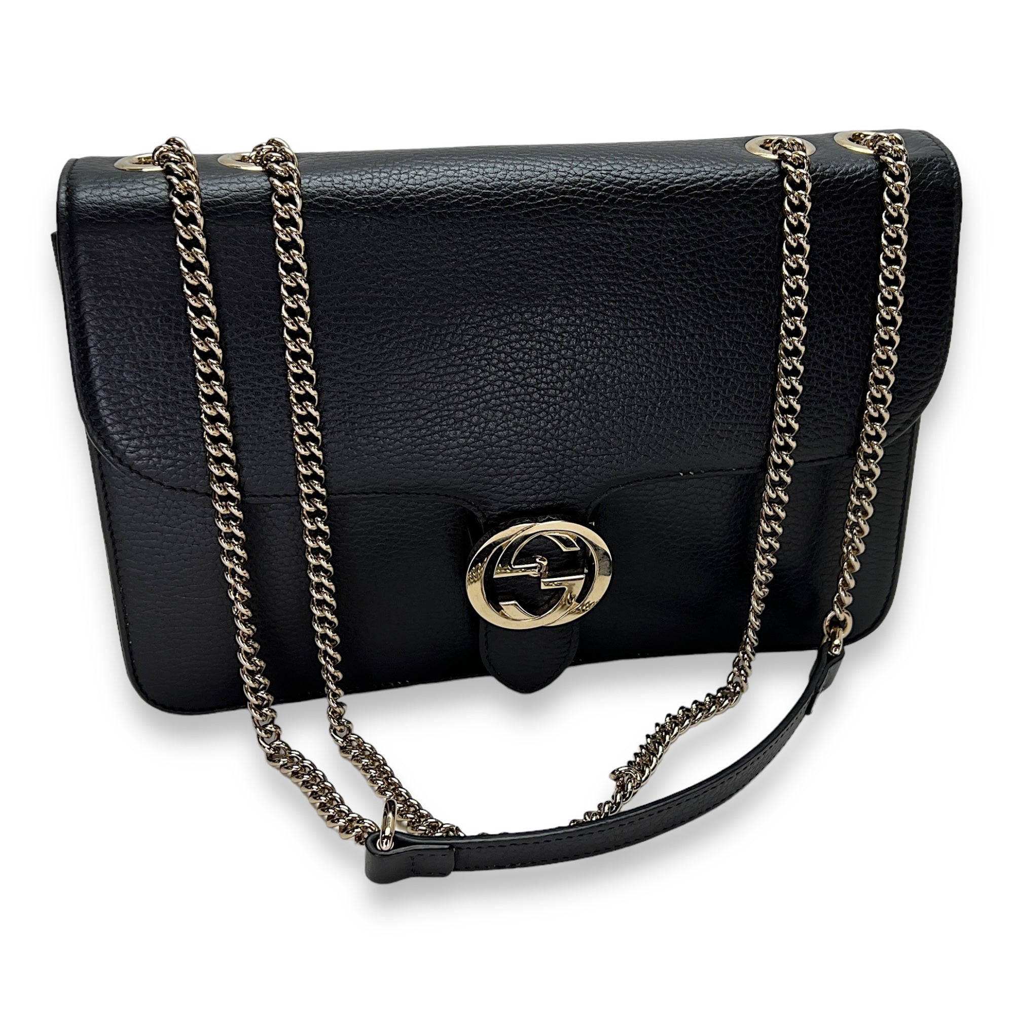 Interlocking G Black Crossbody Bag in Calfskin, Light Gold hardware