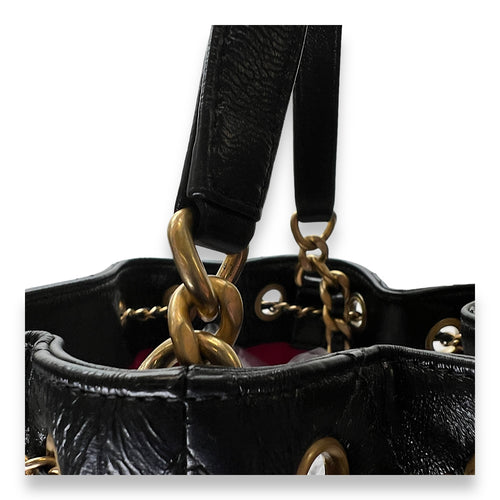 Quilted Drawstring Black Bucket Bag in Calfskin, Gold hardware