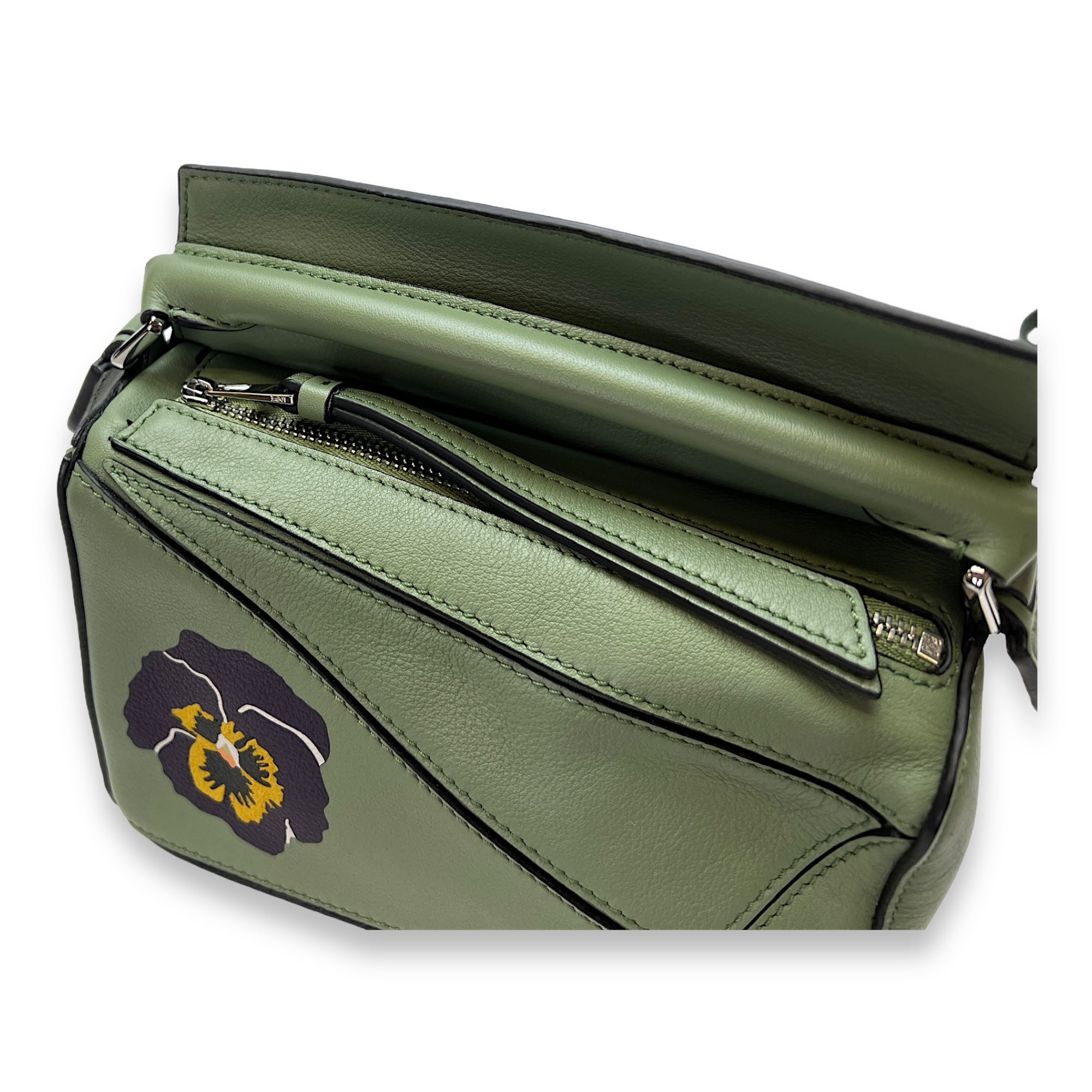 Joe Brainard Pansies Puzzle Mini Green Crossbody Bag in Calfskin, Silver hardware