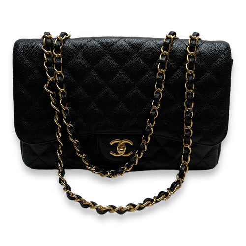 Classic Jumbo Black Shoulder Bag in Caviar Leather, Gold hardware