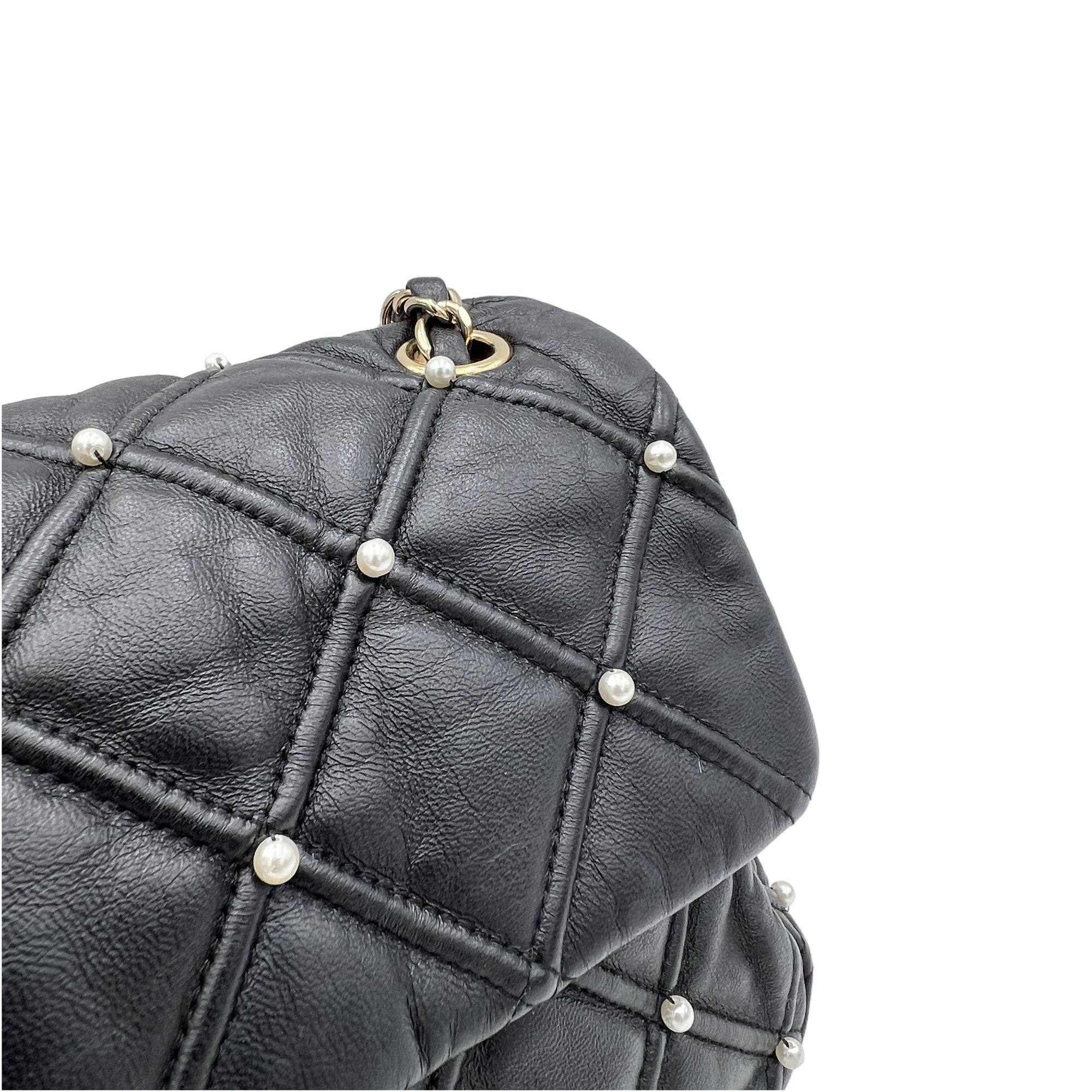 Pearl studded flap Medium Black Crossbody Bag in Calfskin, Gold hardware