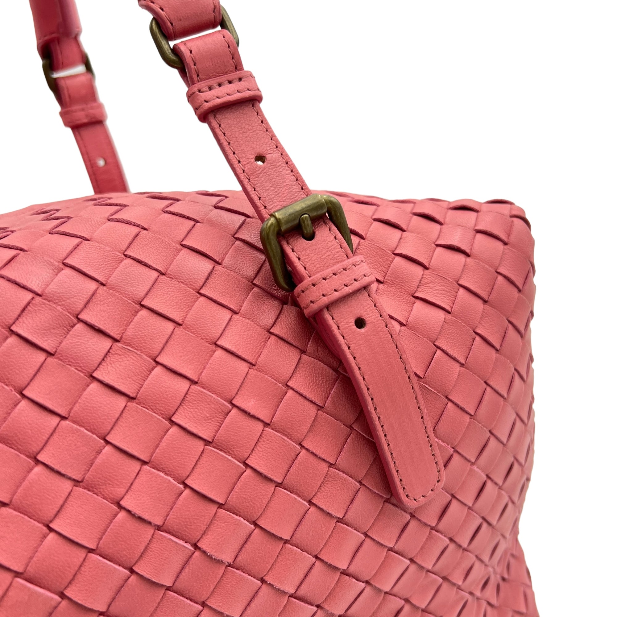 Boston Pink Top Handle Bag in Intrecciato Leather, Brushed Gold hardware