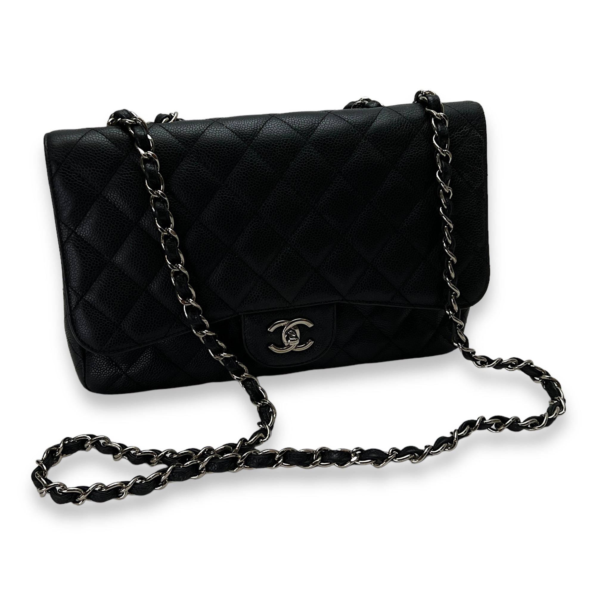 Classic Shoulder Bag Jumbo Single Flap Black in Caviar Leather , Silver Hardware