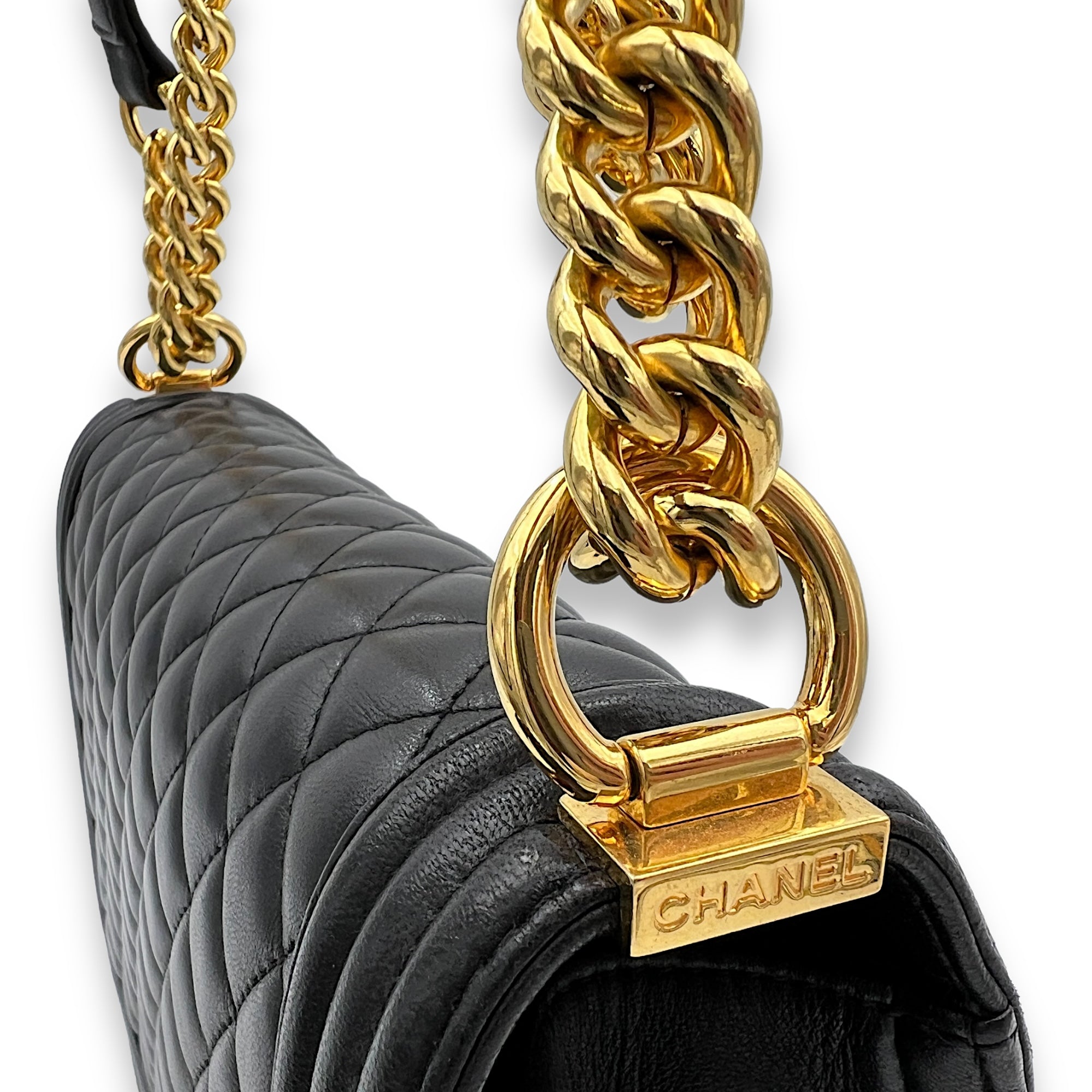 Boy Medium Black Shoulder Bag in Lambskin, Gold hardware