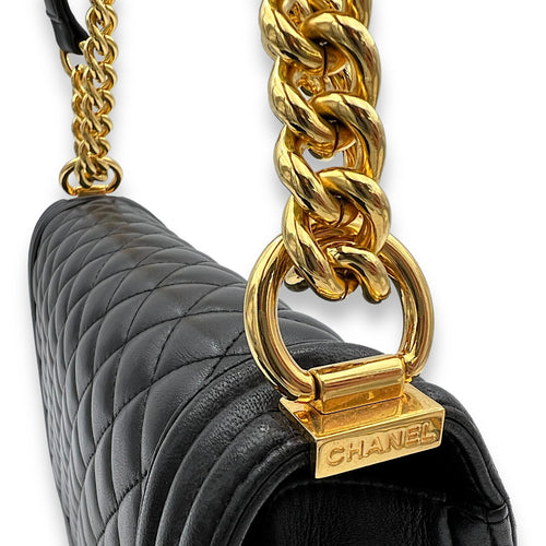 Boy Medium Black Shoulder Bag in Lambskin, Gold hardware