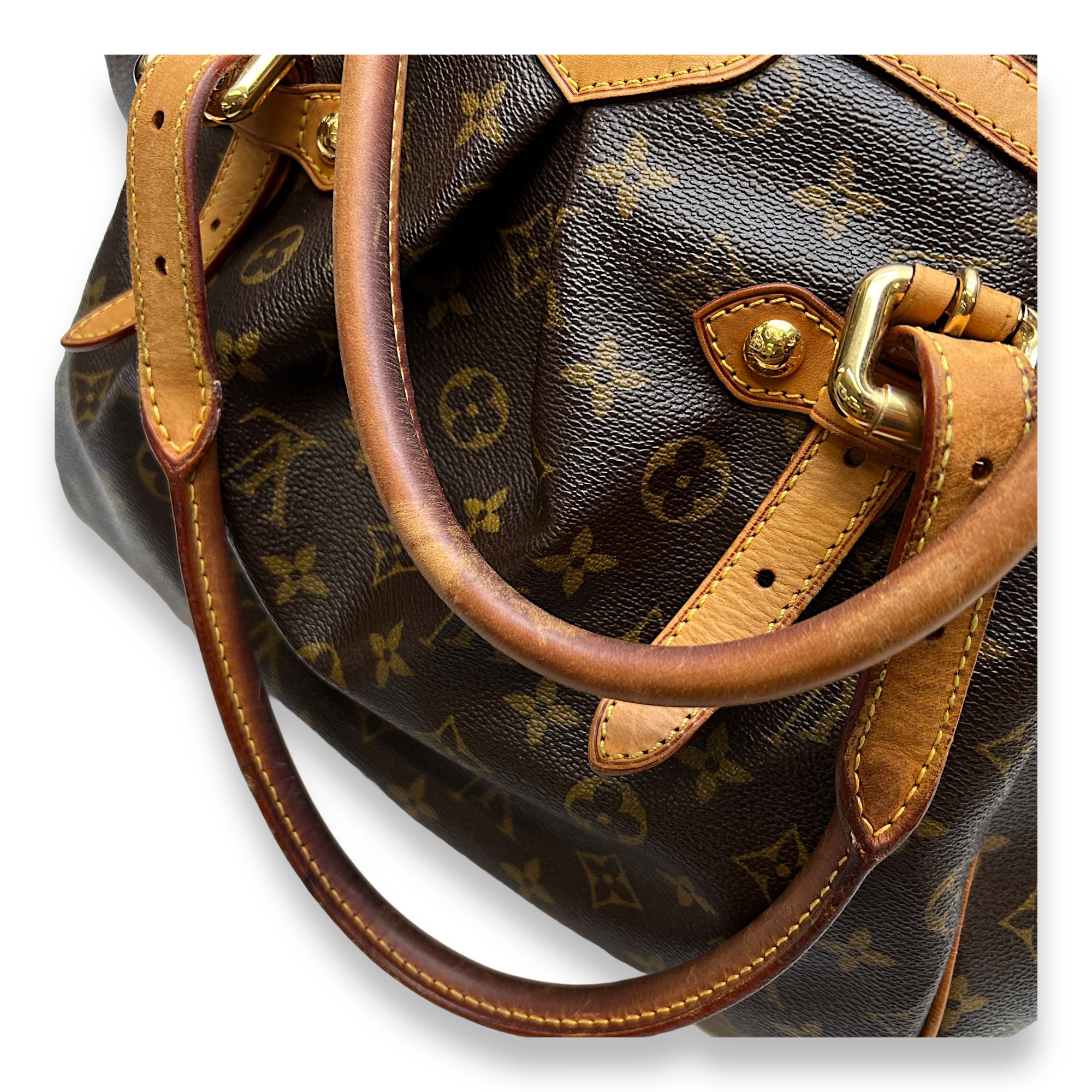 Tivoli GM Brown Top Handle Bag in Monogram Coated Canvas, Gold hardware