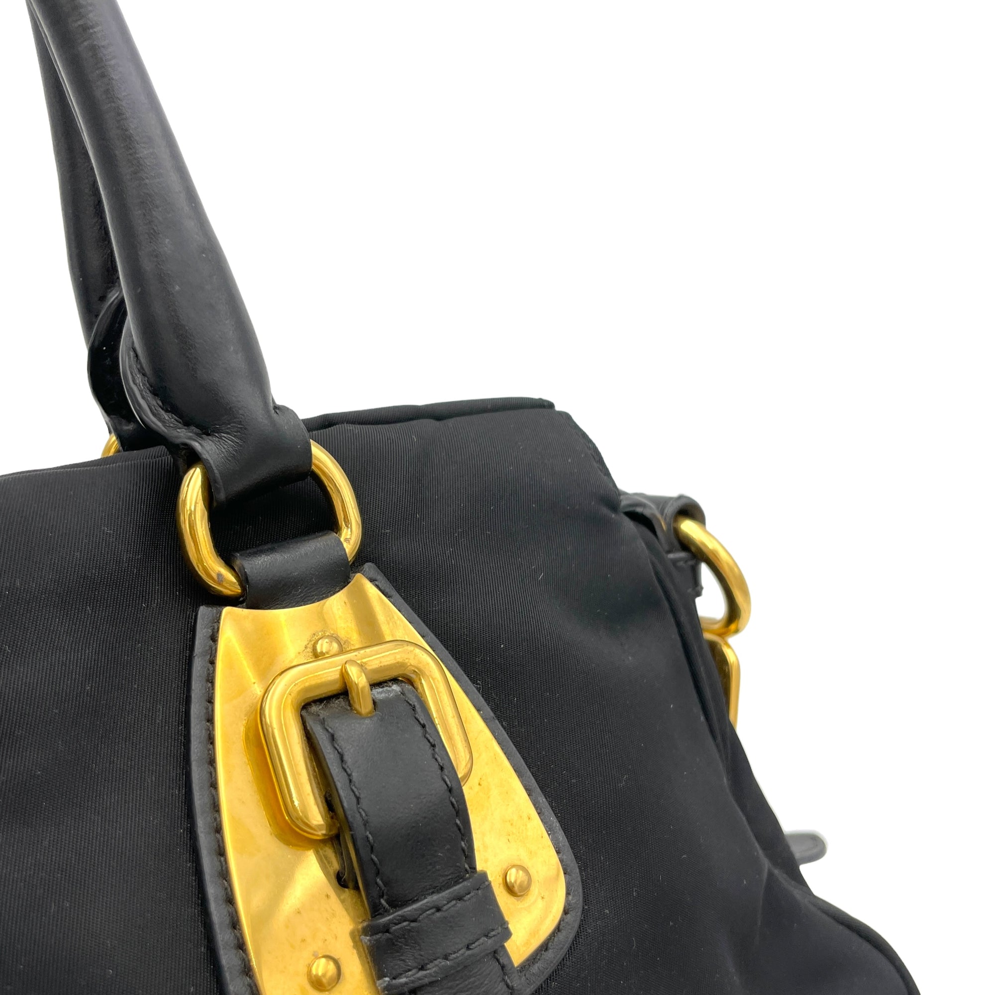 Two-Way Black Top Handle Bag in Nylon, Gold hardware