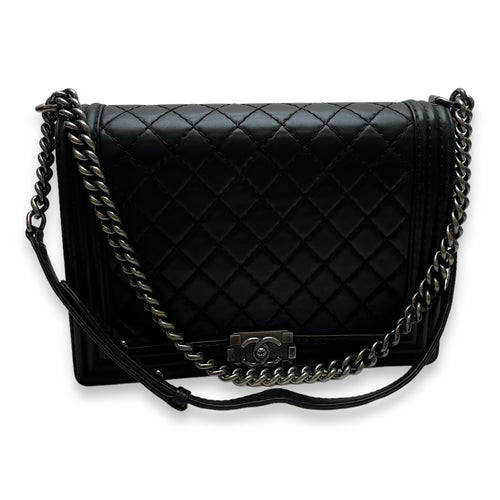 Boy Large Black Shoulder Bag in Calfskin, Ruthenium hardware