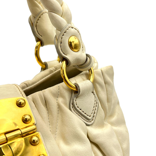 Matelassé White Top Handle Bag in Lambskin, Gold hardware