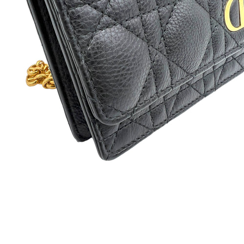 Caro Black Wallet On Chain in Calfskin, Gold hardware