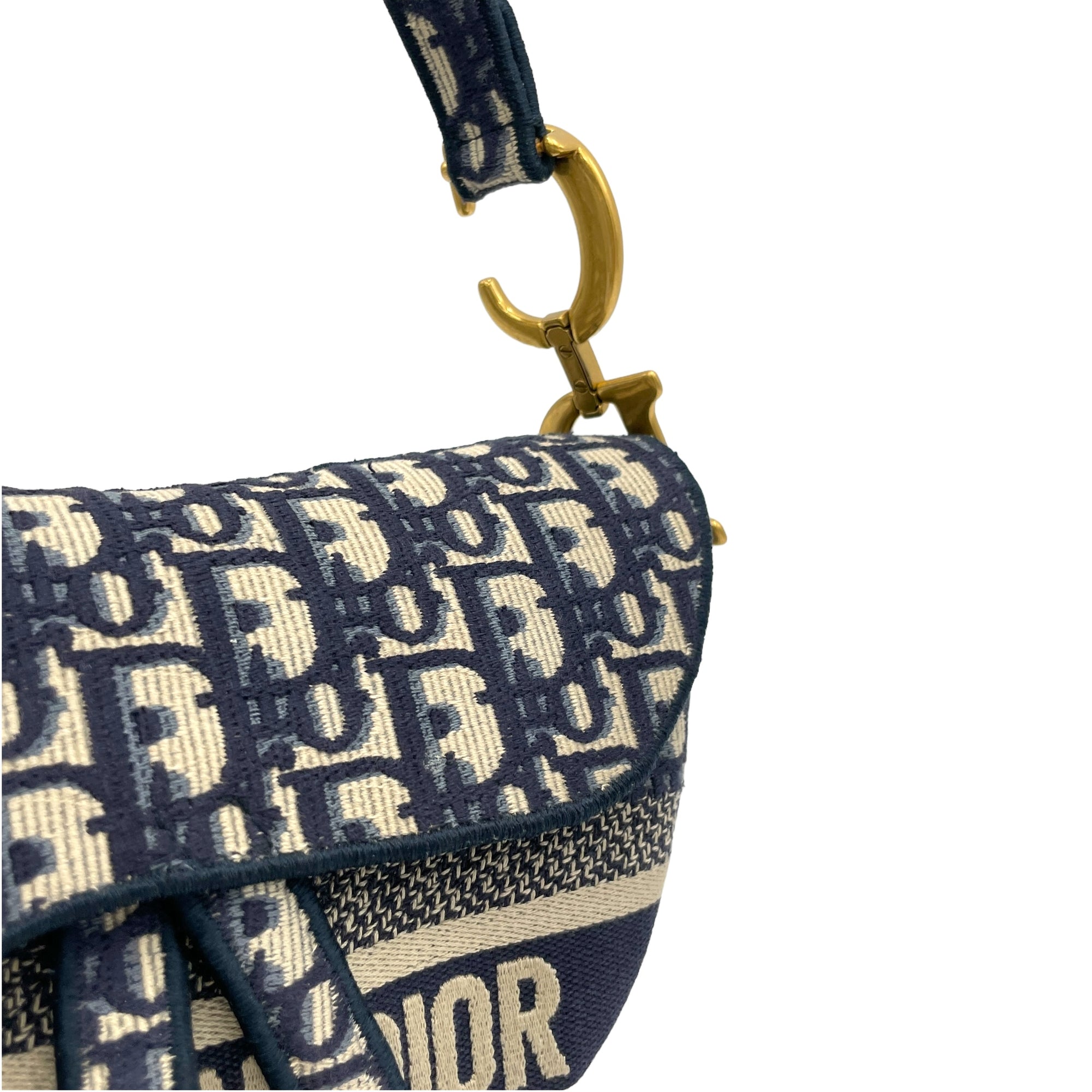 Saddle Medium Blue Top Handle Bag in Jacquard, Gold hardware