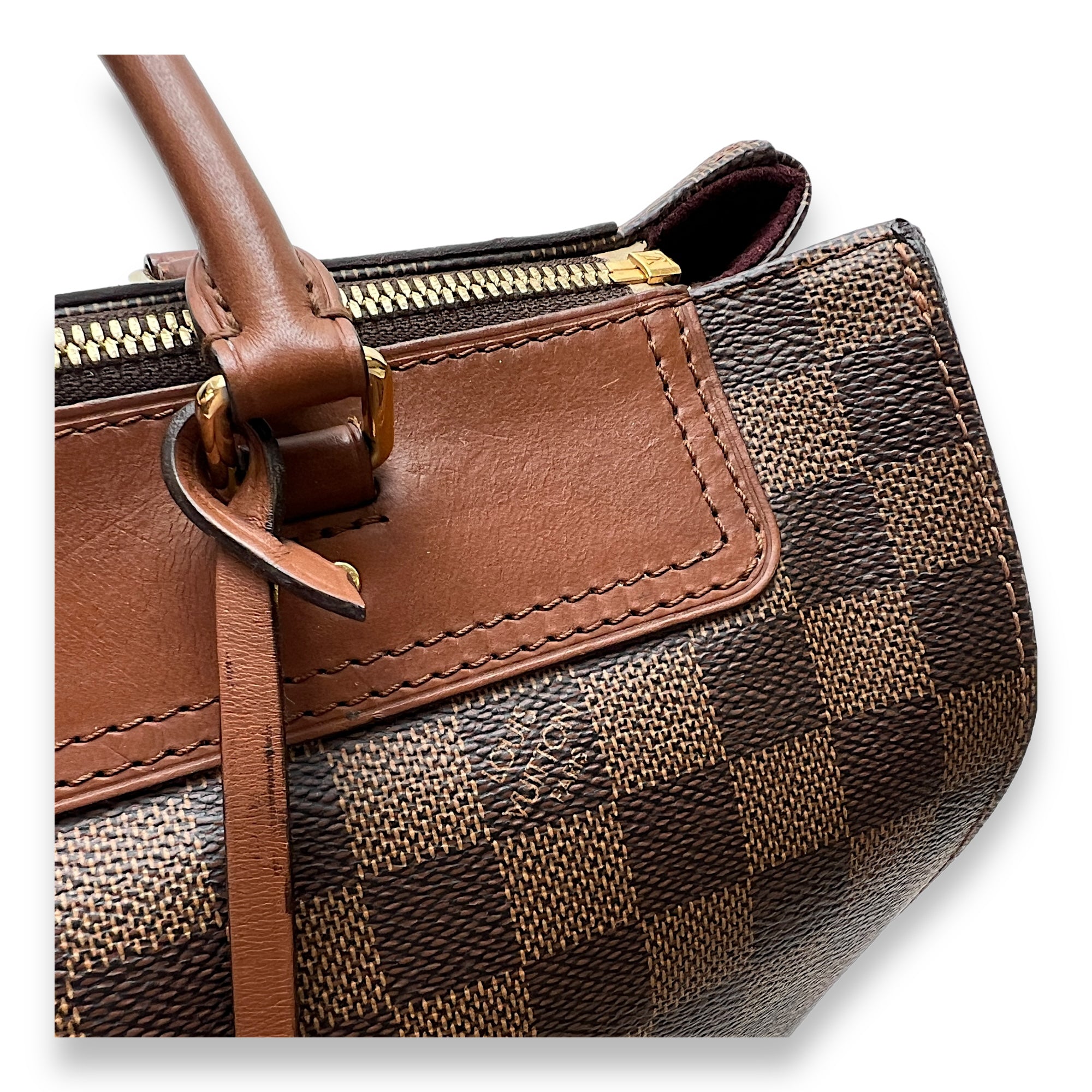 Greenwich Damier Ebene Brown Top Handle Bag in Coated Canvas, Gold hardware