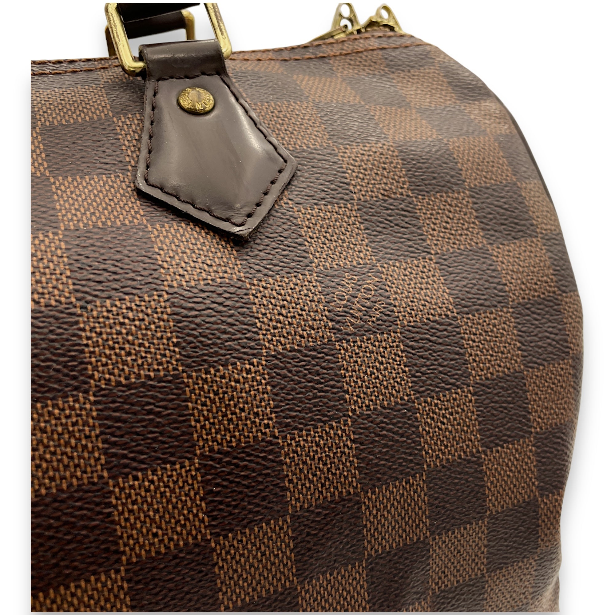 Speedy Bandouliere 30 Damier Ebene Top Handle Bag in Coated Canvas, Gold hardware