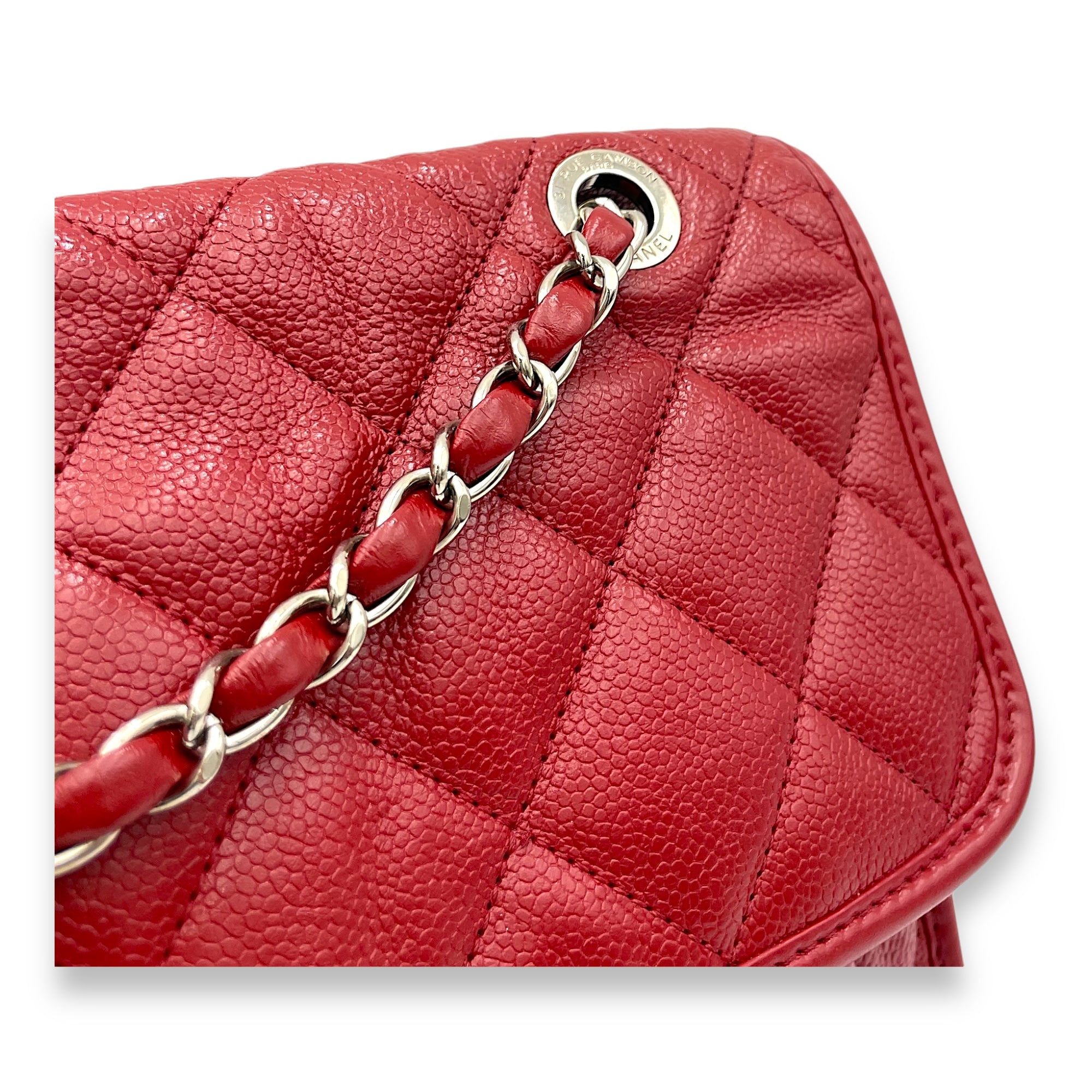 French Riviera Red Shoulder Bag in Caviar Leather, Silver hardware