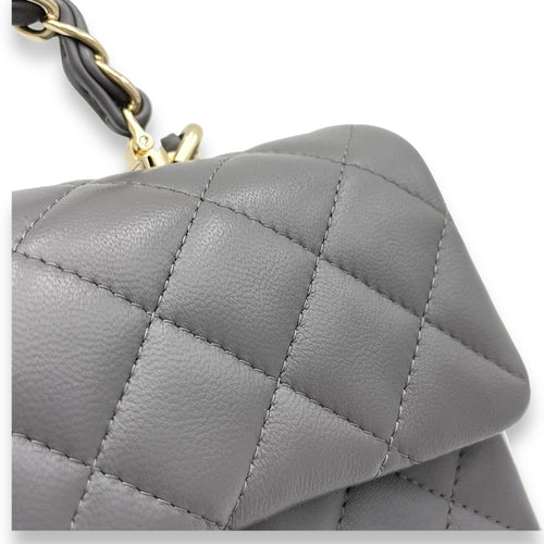 Classic Flap Rectangle Grey Top Handle Bag in Lambskin, Light Gold hardware