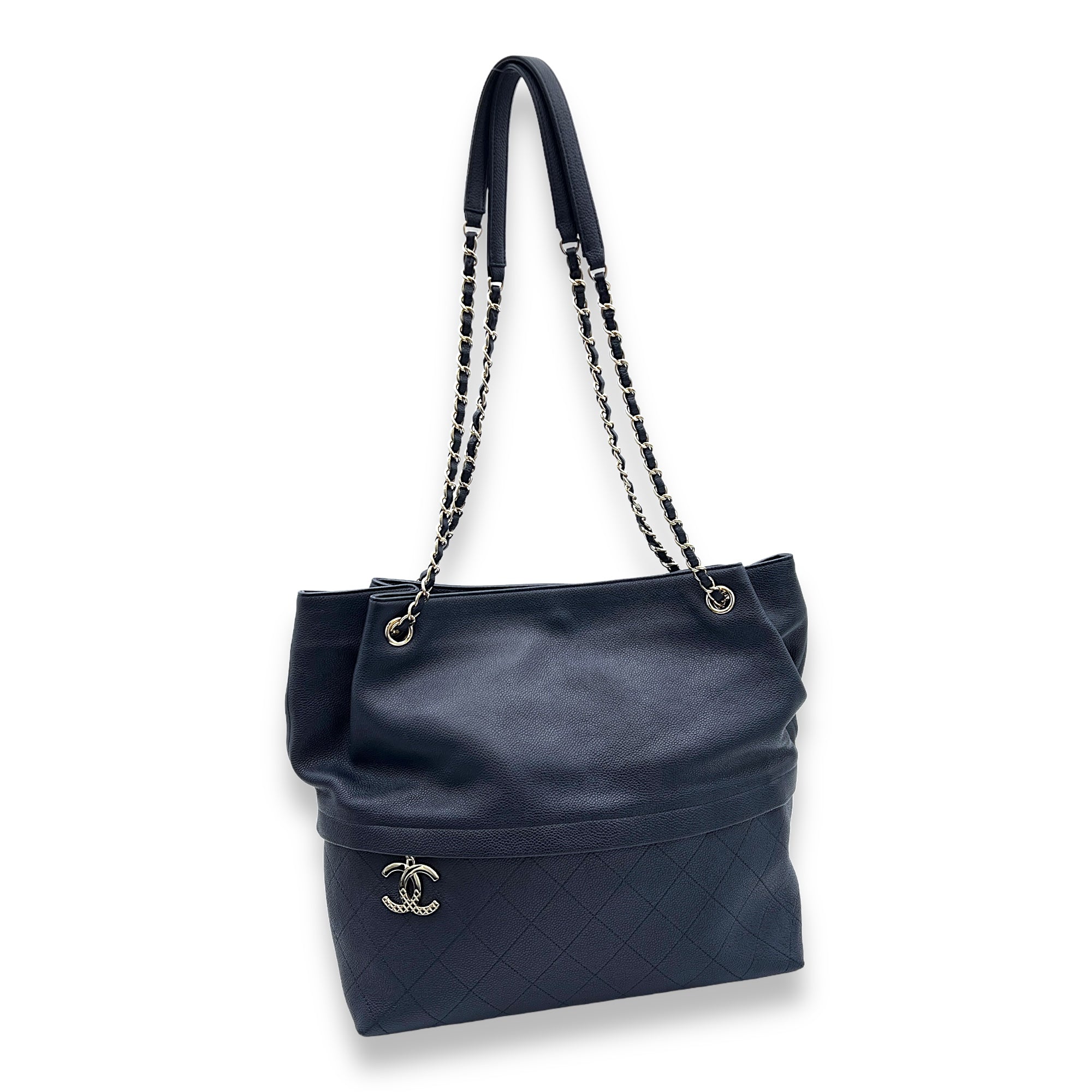 Quilted Blue Shoulder Bag in Caviar Leather, Light Gold hardware