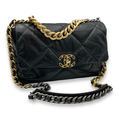 C19 Large Black Crossbody Bag in Goat Leather, Gold hardware