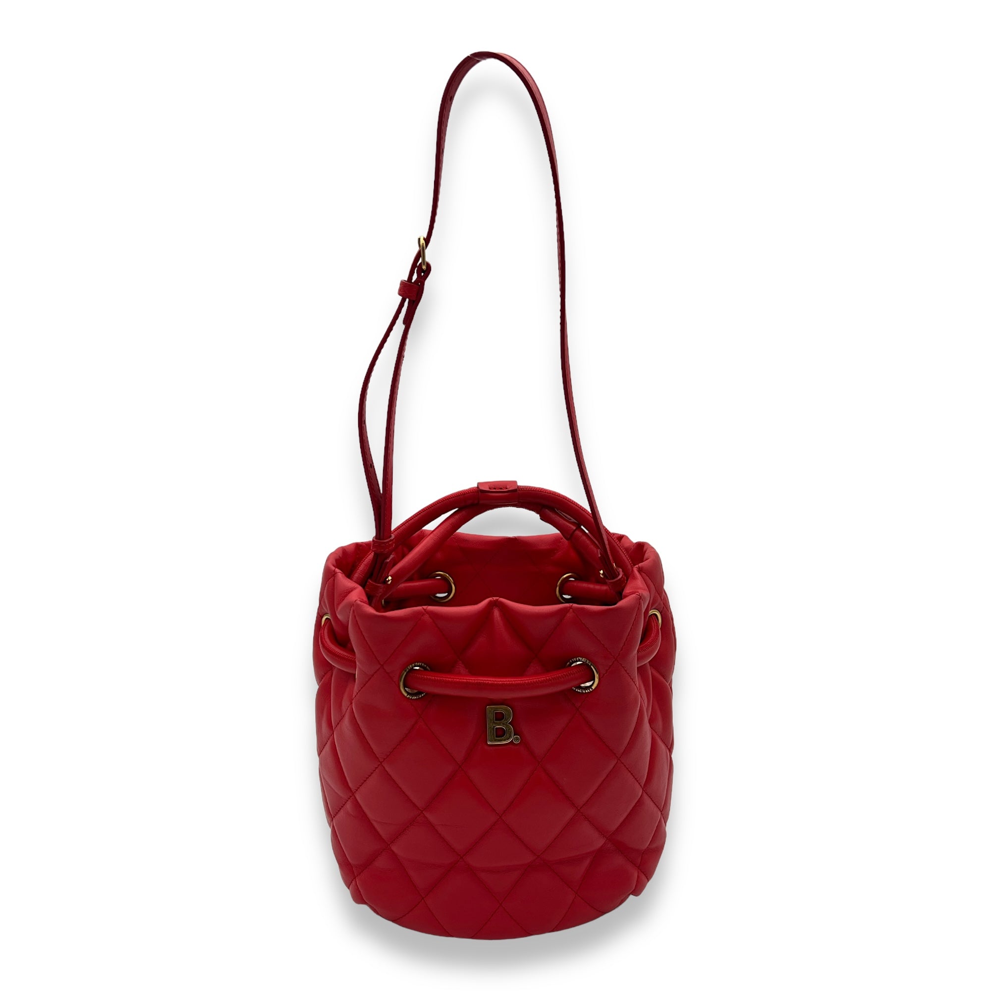 Quilted B Red Shoulder Bag in Calfskin, Brushed Gold hardware