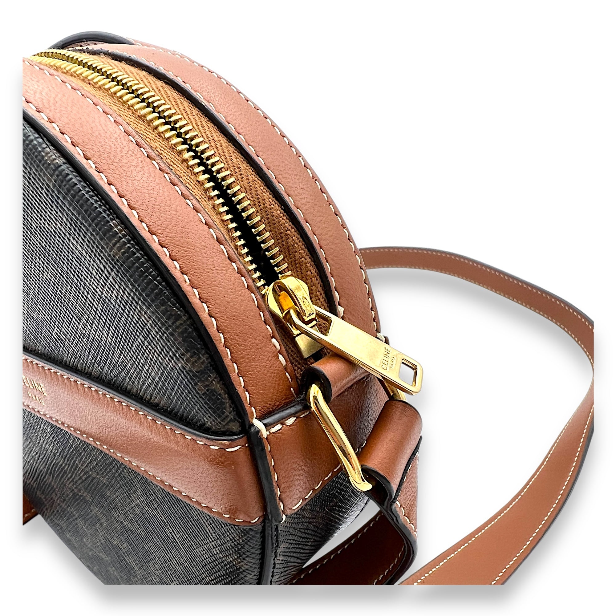 Triomphe Round Brown Crossbody Bag in Coated Canvas, Gold hardware