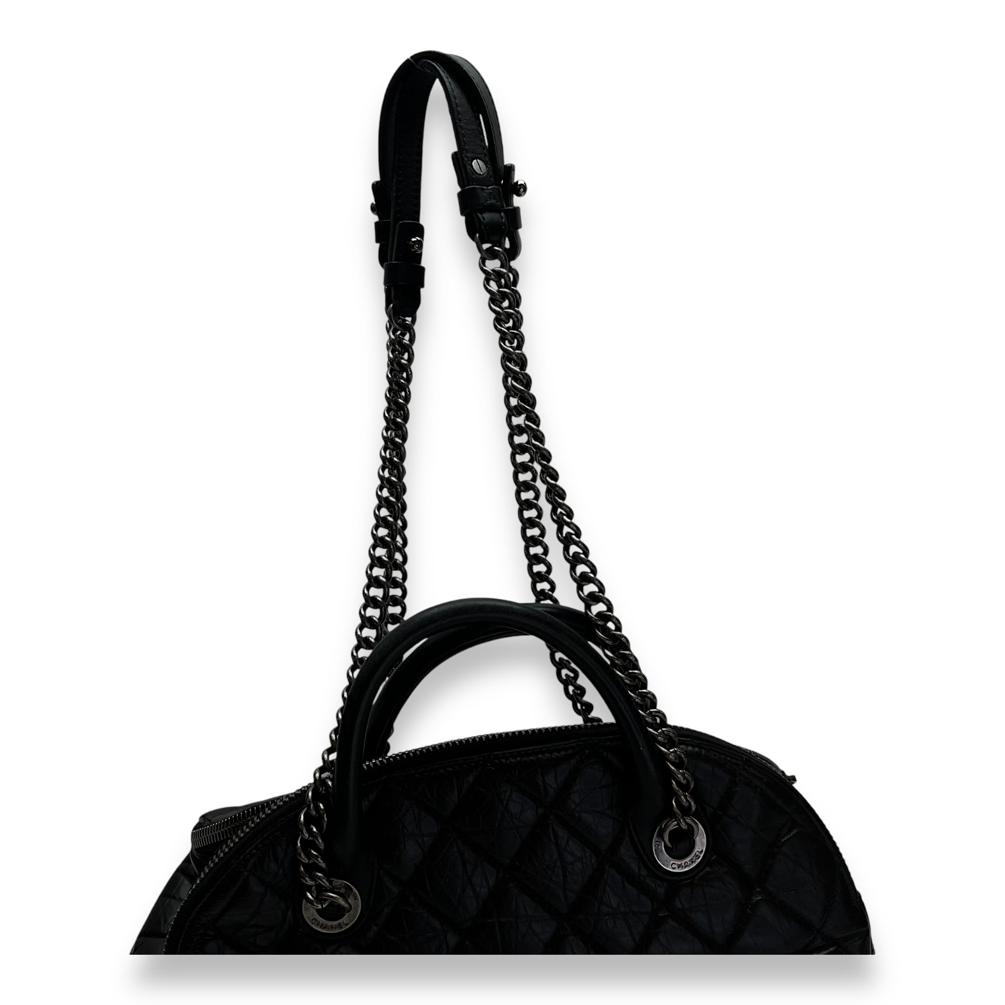 Bowler Shopper Black Shoulder Bag in Calfskin, Ruthenium hardware