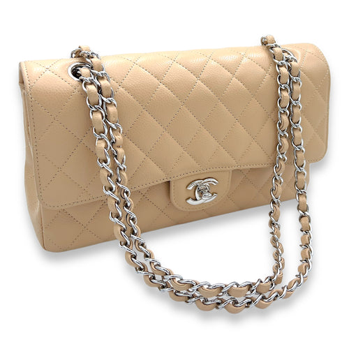 Classic Double Flap Medium Beige Shoulder Bag in Caviar Leather, Silver hardware