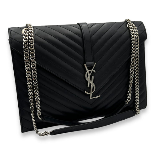 Envelope Shoulder Bag Black in Calfskin, Silver hardware