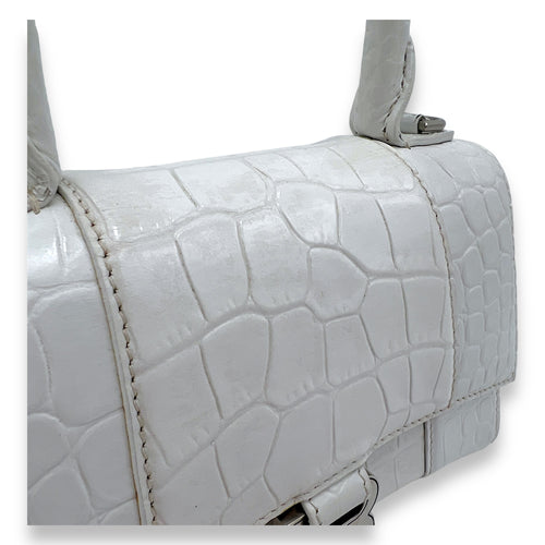 Hourglass XS White Top Handle Bag in Crocodile Embossed Calfskin, Silver hardware