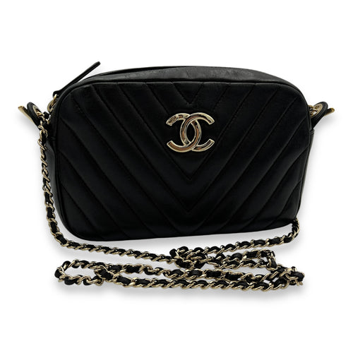 Camera Crossbody Bag Black in Calfskin, Gold hardware