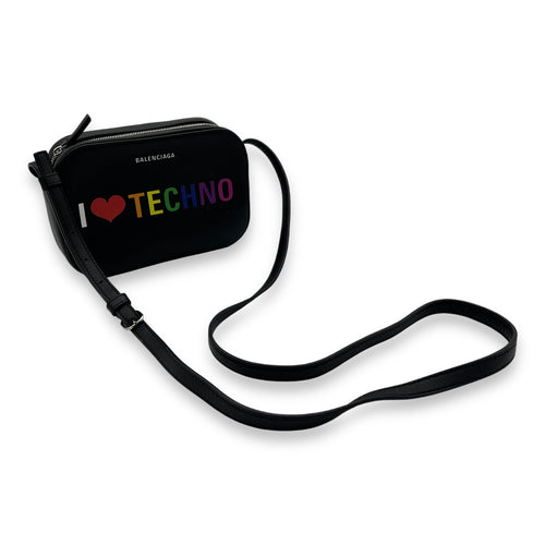 I Love Techno XS Everyday Camera Black Crossbody Bag in Calfskin, Silver hardware