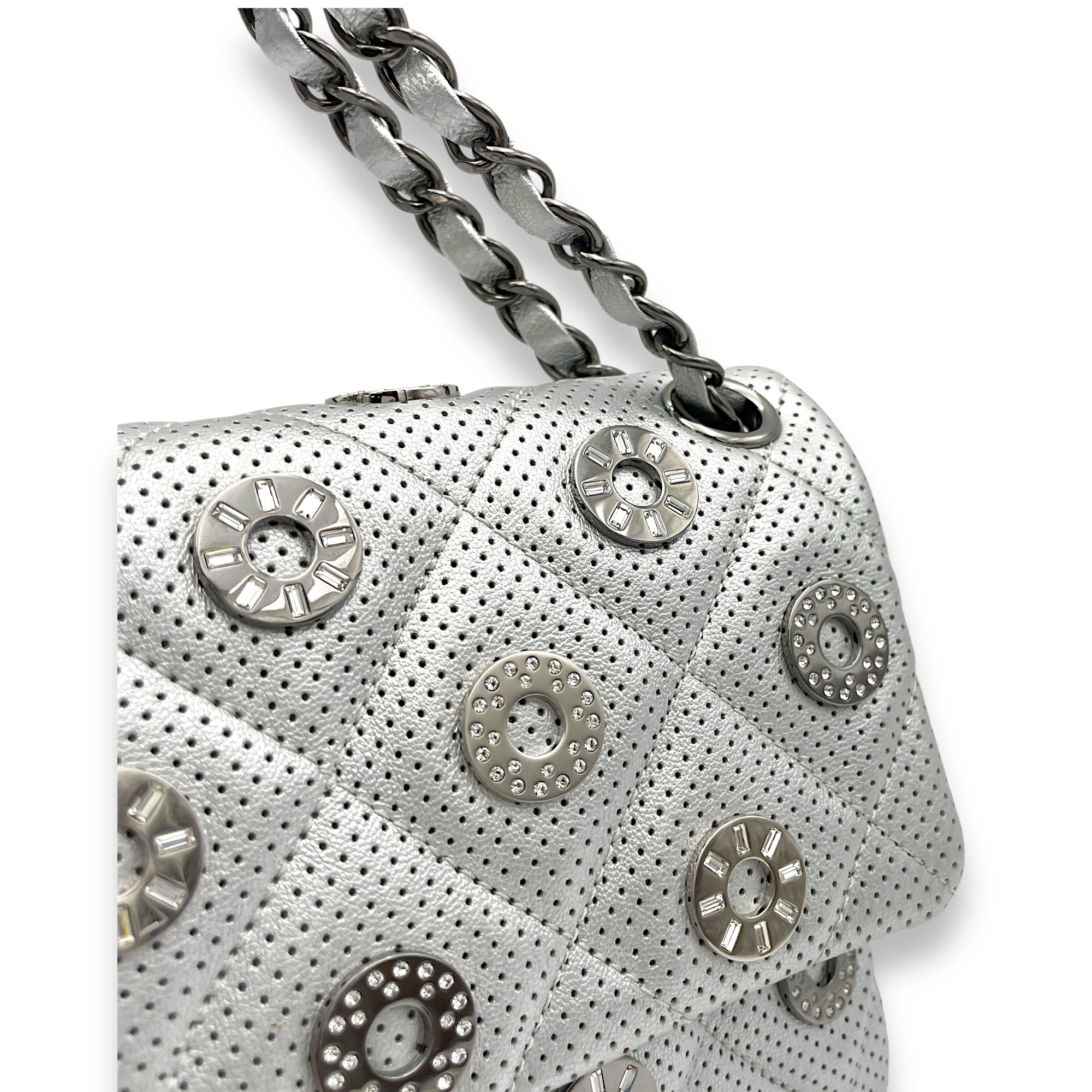 Paris Dubai Flap Silver Shoulder Bag in Perforated Lambskin, Silver hardware