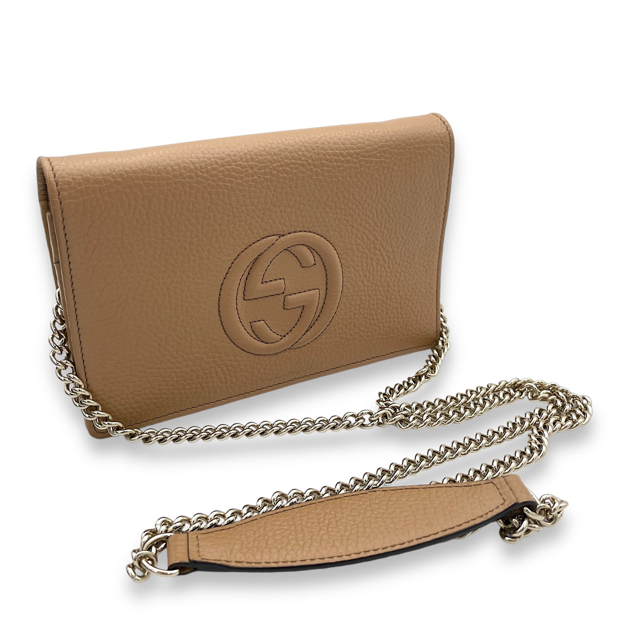 Soho Wallet On Chain Brown in Calfskin, Gold hardware