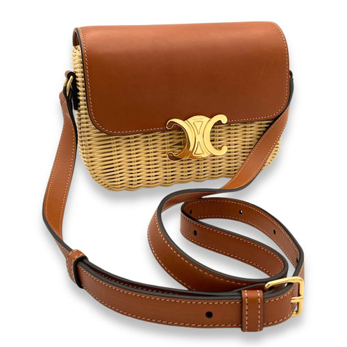 Triomphe Teen Brown Crossbody Bag in Wicker and Calfskin, Gold hardware