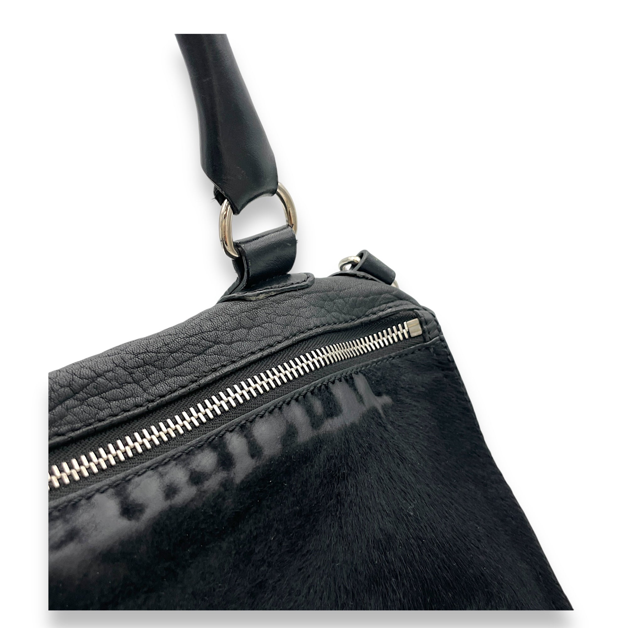 Pandora Medium Black Shoulder Bag in Ponyhair Lambskin, Silver hardware