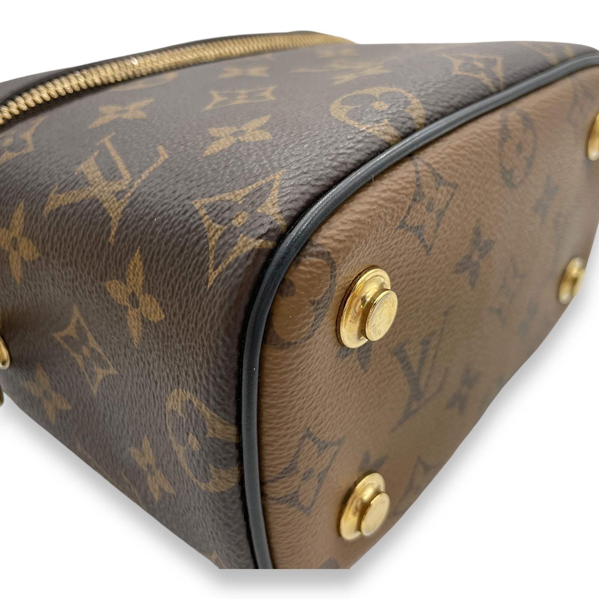 Reverse Vanity PM Brown Top Handle Bag in Monogram Coated Canvas, Gold hardware