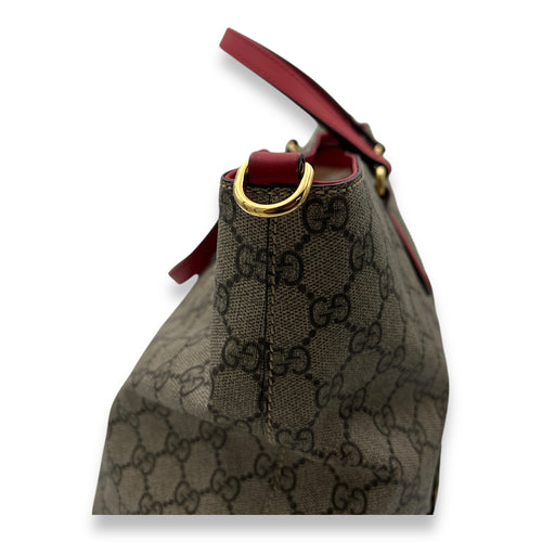 GG Supreme Snake Heart Embroidered Brown Top Handle Bag in Monogram Coated Canvas, Gold hardware