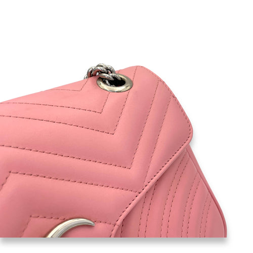 GG Marmont Small Pink Shoulder Bag in Calfskin, Silver hardware