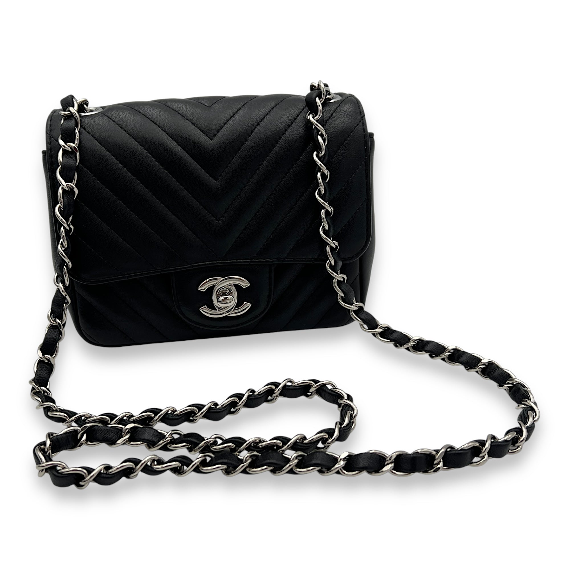 Chevron Crossbody Bag Mini Black in Lambskin, Silver hardware