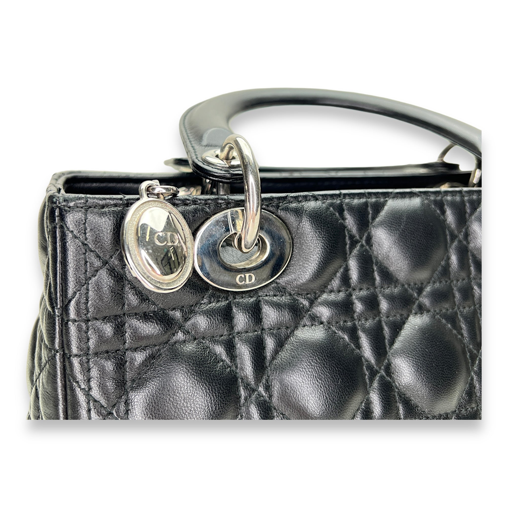 Lady Dior Medium Top handle bag in Lambskin, Silver Hardware