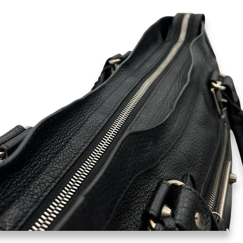 Metallic Edge City Top Handle Bag Black in Goat Leather, Silver hardware