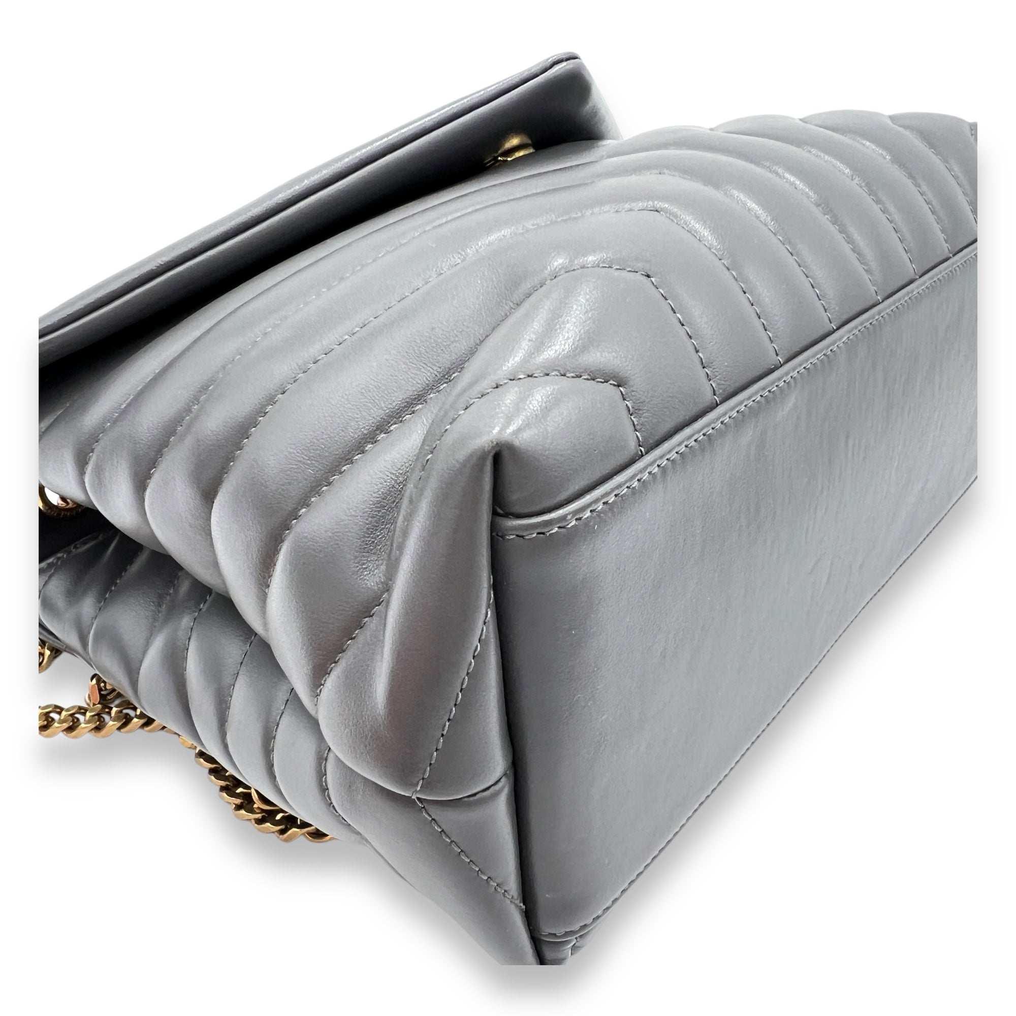 Loulou Medium Grey Shoulder Bag in Calfskin, Gold hardware