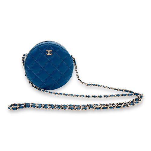 CC Quilted Pearl Crush Round Blue Crossbody Bag in Caviar Leather, Gold hardware