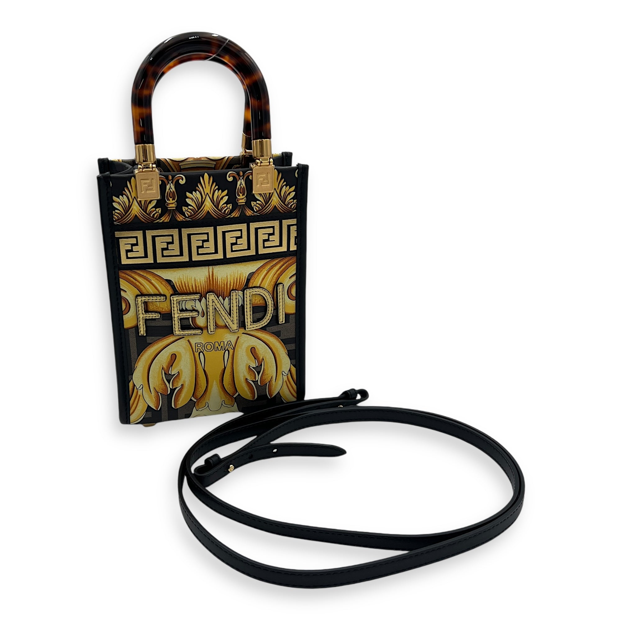 Fendace Sunshine Shopper Top Handle Bag Mini Printed FF in Calfskin, Gold hardware