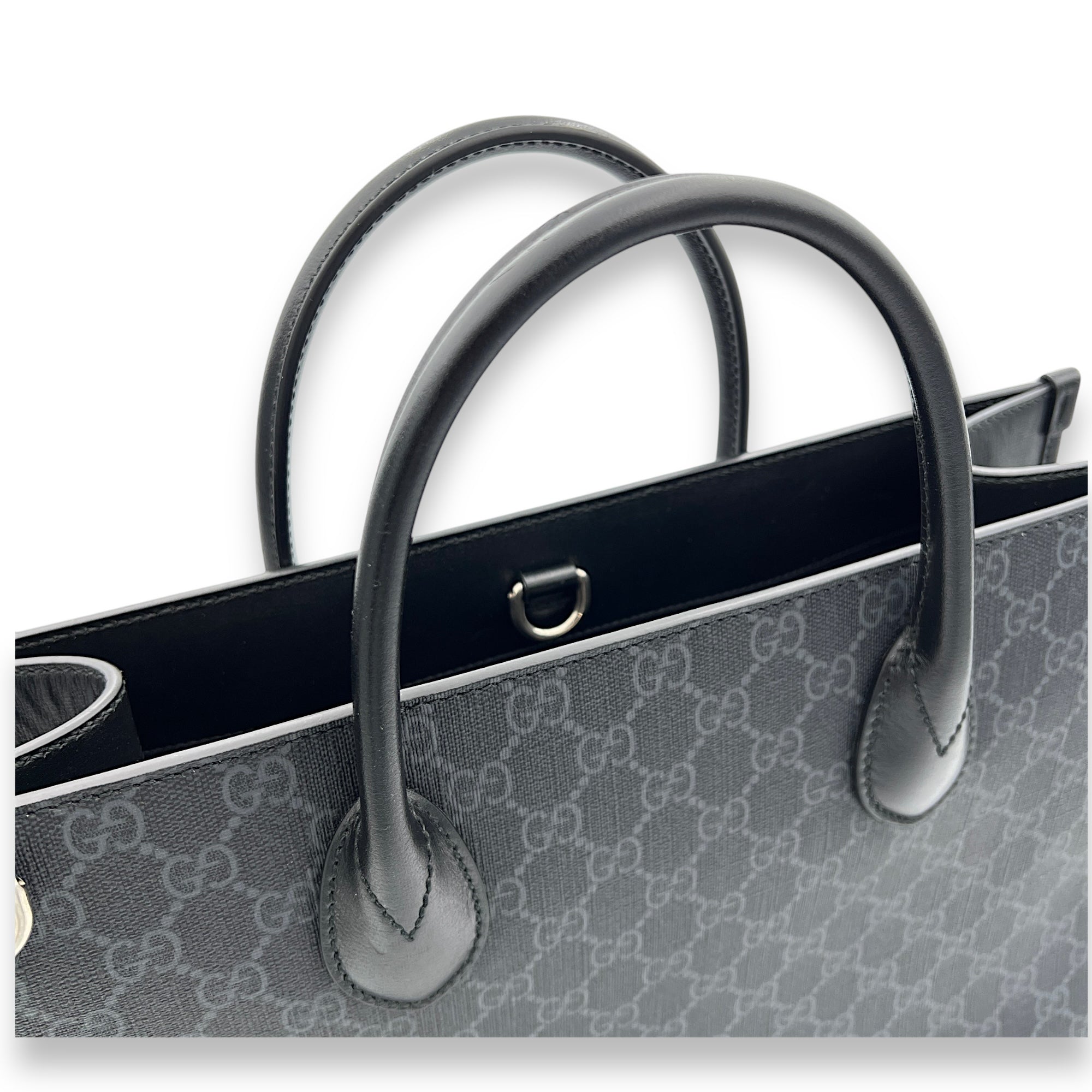 Interlocking G Tote Bag Medium Black in Monogram Coated Canvas, Silver hardware