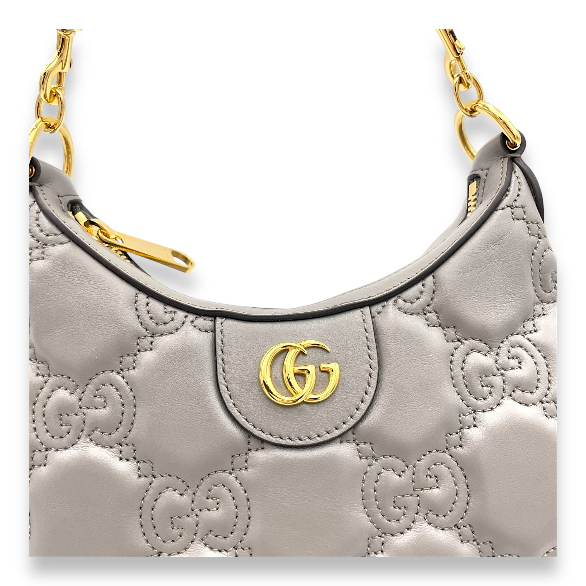 Matelassé Shoulder Bag  Grey in Calfskin , Gold Hardware