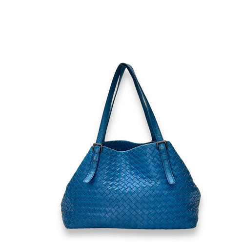 Intrecciato Blue Tote Bag in Lambskin, Ruthenium hardware